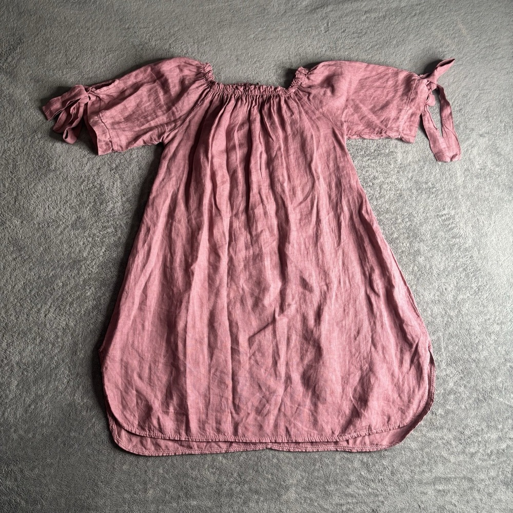 Meo Meli Dress Made In Italy 100% Linen Pink Off The Shoulder Tie Sleeve